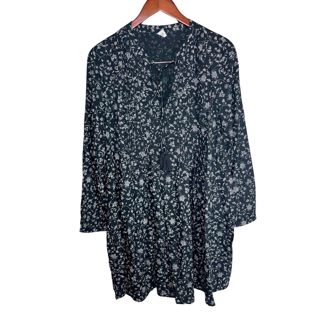 Old Navy Tunic Womens M Black Floral Tassel Tie V Neck Long Sleeve Boho Chic